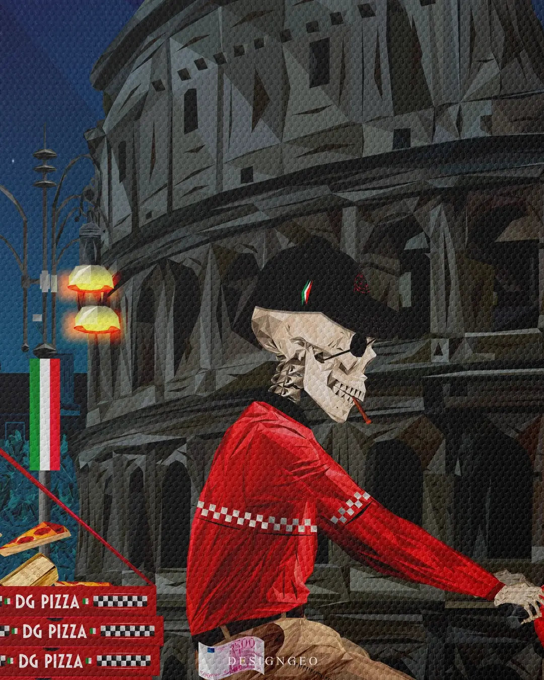 Artistic canvas illustration of a skeleton delivering pizza on a classic moped past the Colosseum, symbolizing a fast-paced and eternal love for Italian food