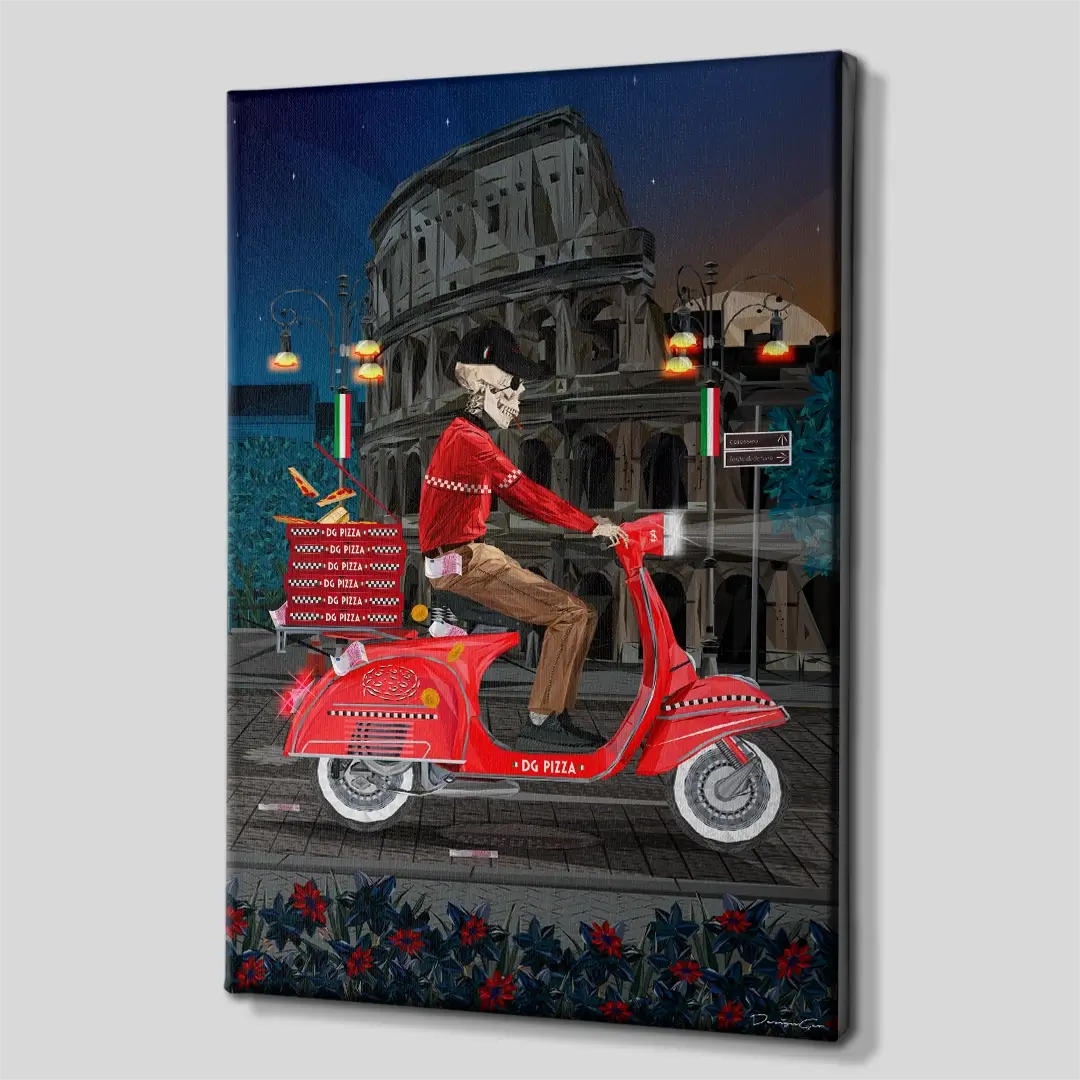 Side angle of the Roman skeleton pizza courier canvas print, highlighting the high-quality gallery wrap finish and the professional 3D frame depth