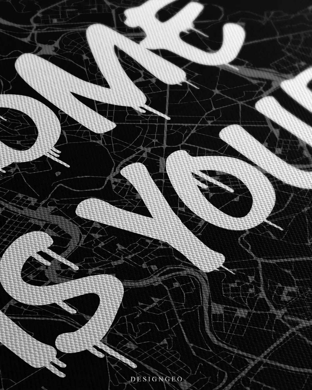 Detailed view of the "Rome is Yours" canvas art, showcasing the sharp contrast between the intricate Italian street map lines and the fluid white spray-paint lettering