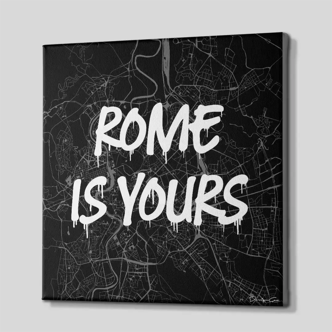 Side perspective of the Rome urban map canvas print, highlighting the premium gallery wrap finish and the solid 3D frame depth perfect for professional interior design setup