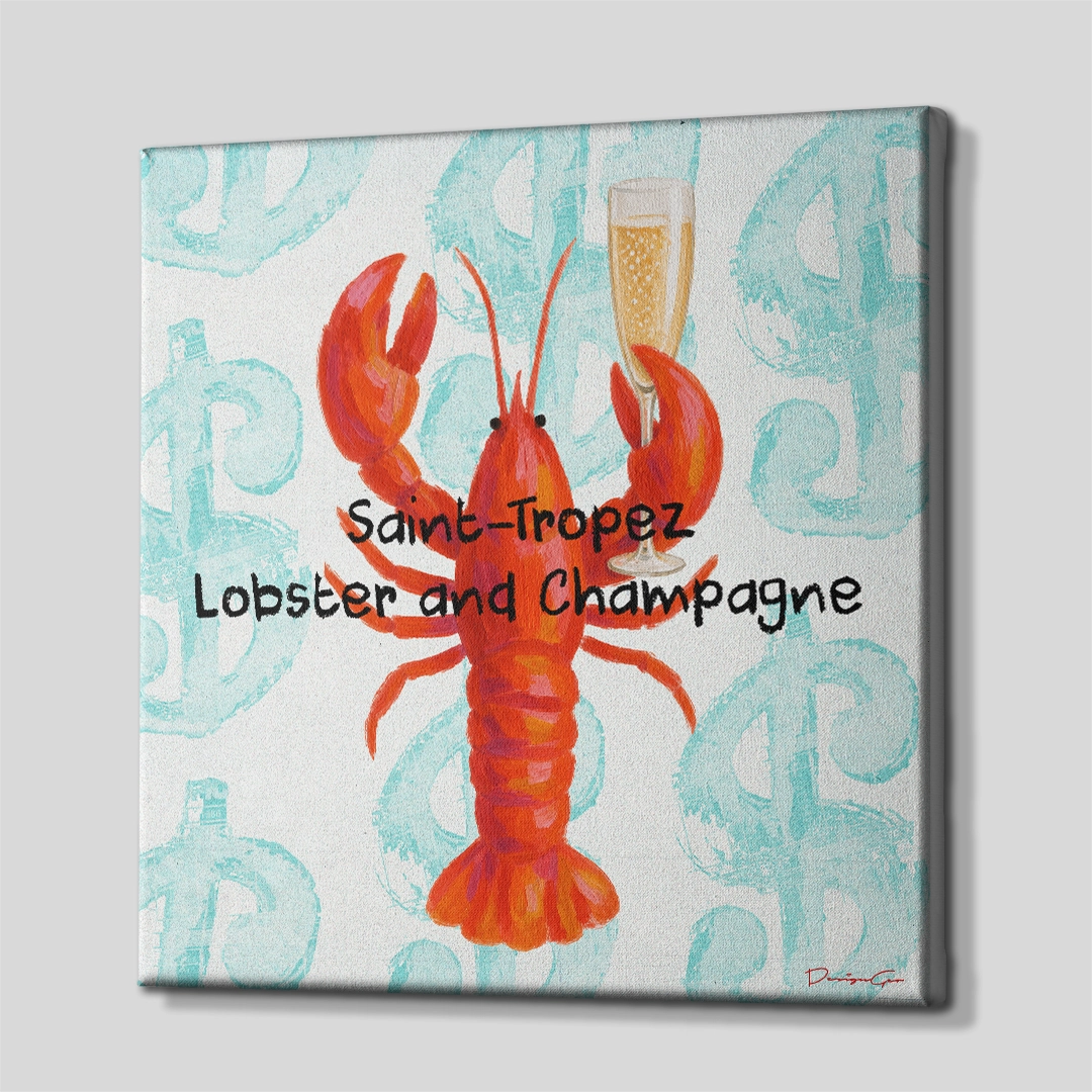 Three-quarter side angle of the square Saint-Tropez lobster canvas print, showcasing clean gallery-wrapped edges mounted on solid wooden stretcher bars against a neutral backdrop