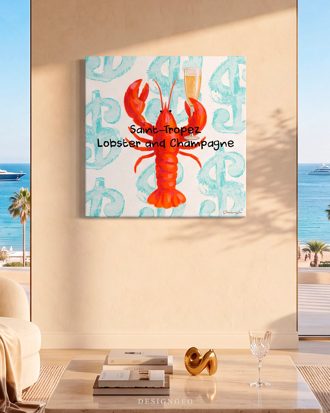 Luxury Mediterranean coastal villa living room featuring the square Saint-Tropez lobster and champagne canvas wall art above a beige table with ocean views in the background