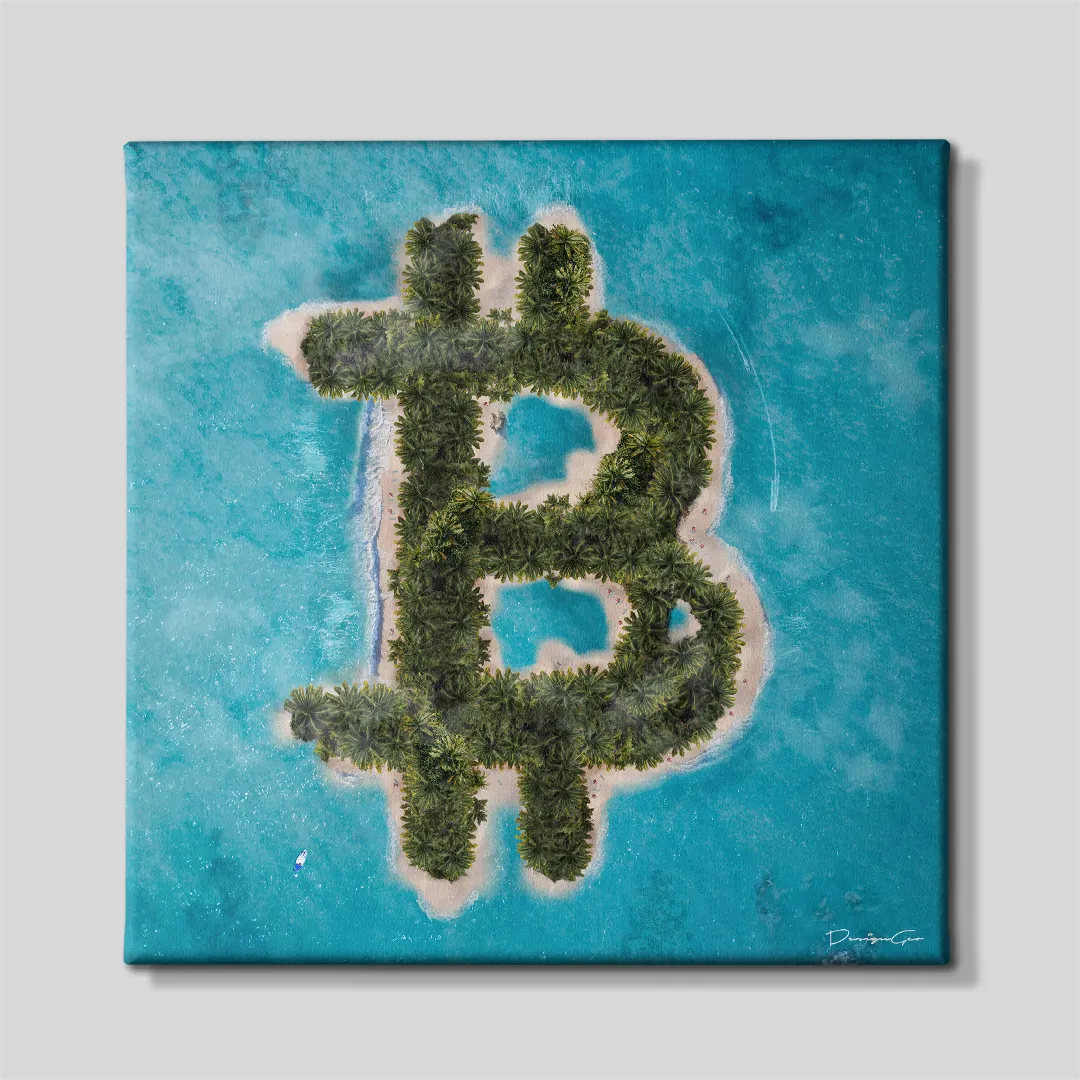 Front view of a square canvas print featuring an aerial view of a tropical island shaped like the Bitcoin BTC symbol surrounded by turquoise ocean water
