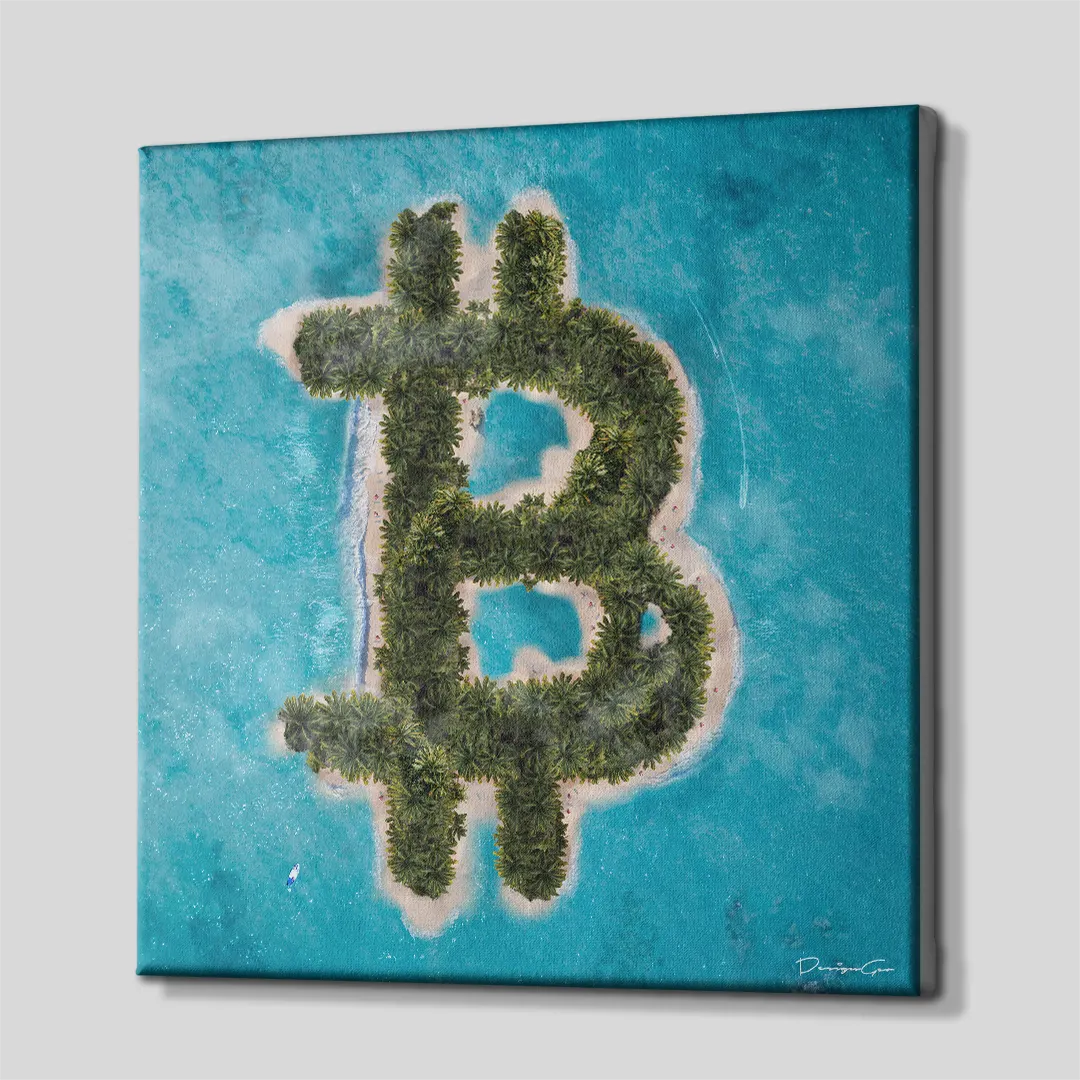 Three-quarter side angle of the Satoshi Island canvas print showing gallery-wrapped turquoise ocean water edges mounted on a wooden frame