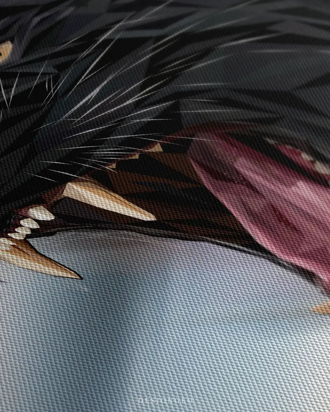 Detailed side profile view of the "Savage Elegance" canvas art, showcasing a black panther roaring with prominent fangs and stylized whiskers against a warm gradient background
