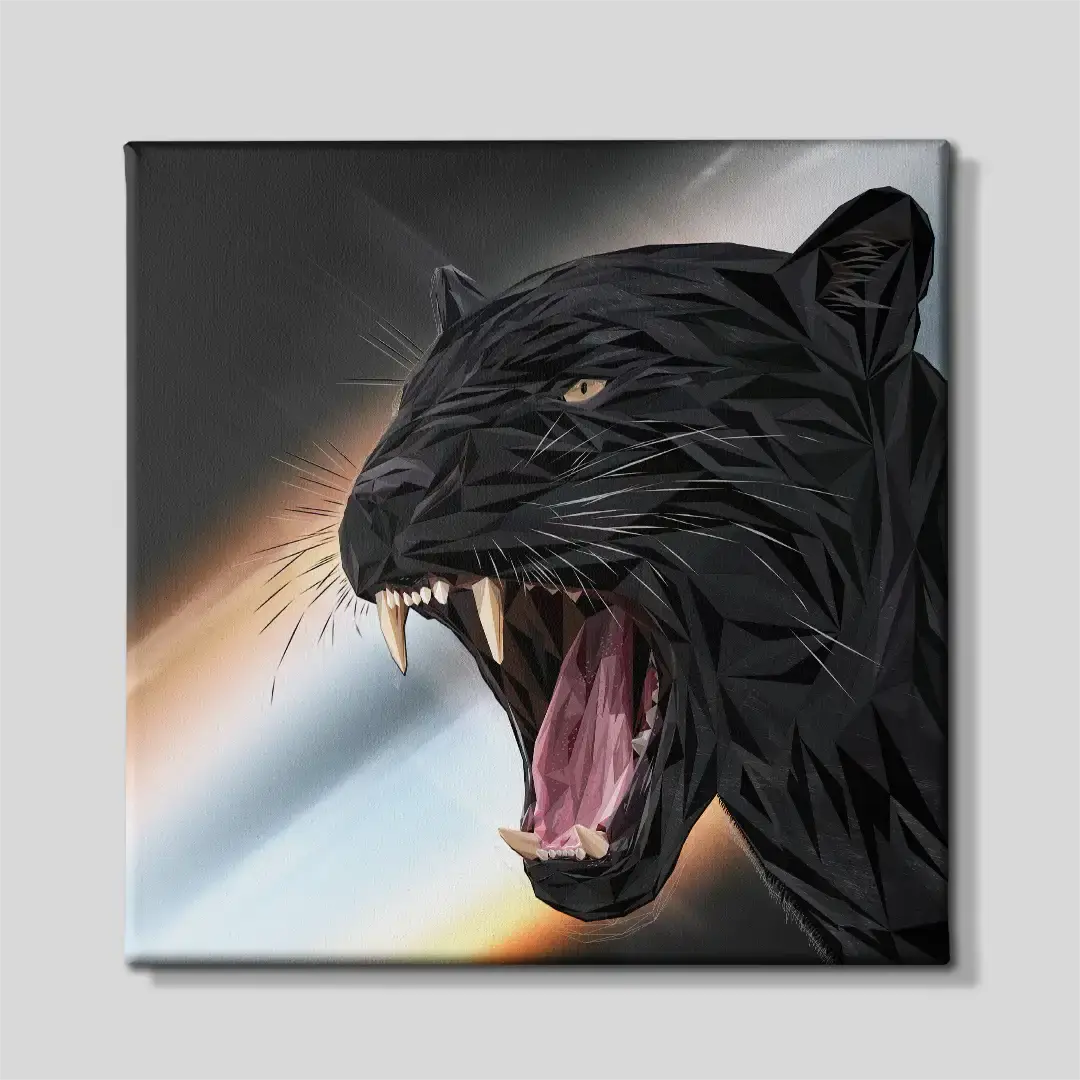 Front view of the luxury geometric black panther square canvas print, a powerful contemporary animal portrait designed for modern bedrooms and bold home office decor