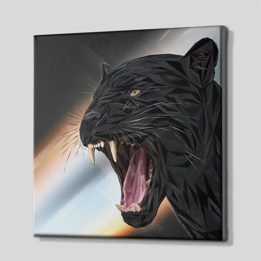 Side perspective of the modern low-poly black panther canvas wall art, highlighting the premium gallery wrap finish and solid 3D frame depth for upscale interior styling