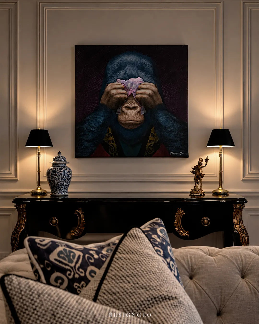 See No Evil gorilla covering eyes with money square canvas wall art mounted on paneled wall above black console table 0.75 inch thin wrap