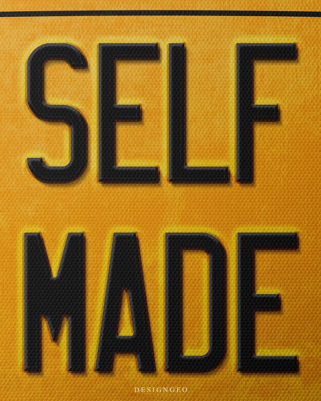 Medium shot showing black embossed SELF MADE lettering on a bright yellow textured metal license plate background with realistic 3D shadows