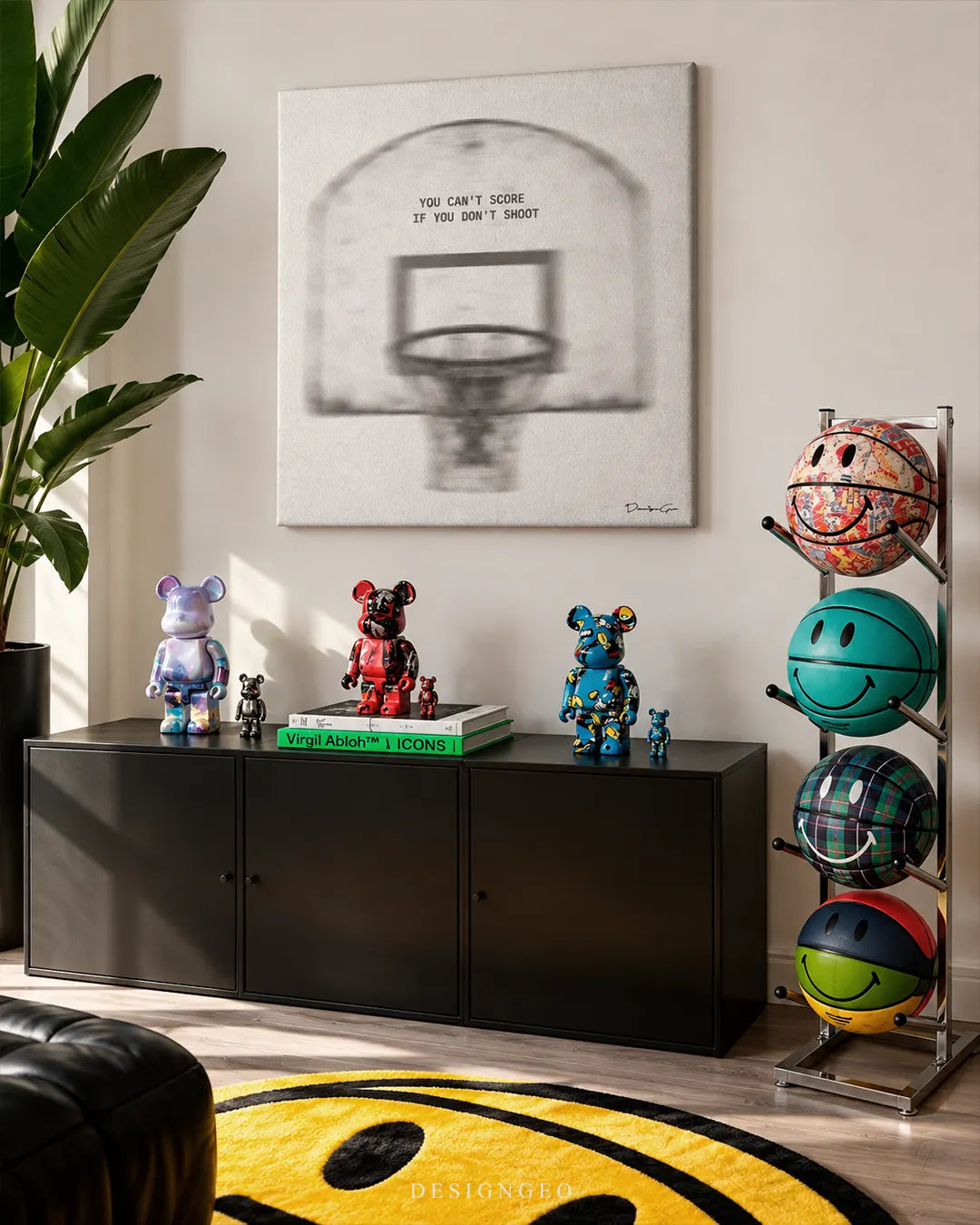 Blurred basketball backboard with quote You can't score if you don't shoot square canvas wall art displayed on a white wall in a streetwear room above a black console 0.75 inch thin wrap