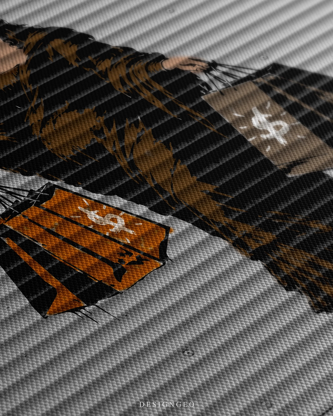 Angled macro detail of the urban pop art canvas print, showcasing the textured canvas surface and the detailed spray-painted stencils of orange and brown shopping bags with dollar signs