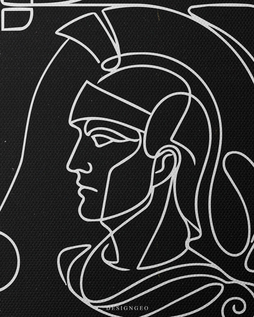 Vertical macro detail shot highlighting the textured black canvas weave and precise white continuous line illustration of the Roman warrior portrait