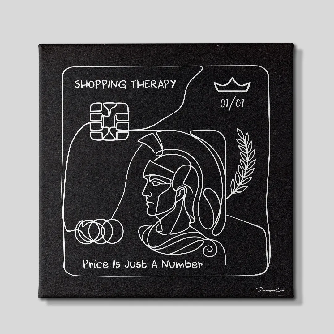 Front view of a square black canvas print featuring a white continuous line art credit card design with a Centurion profile, chip detail, and the text Shopping Therapy: Price Is Just A Number