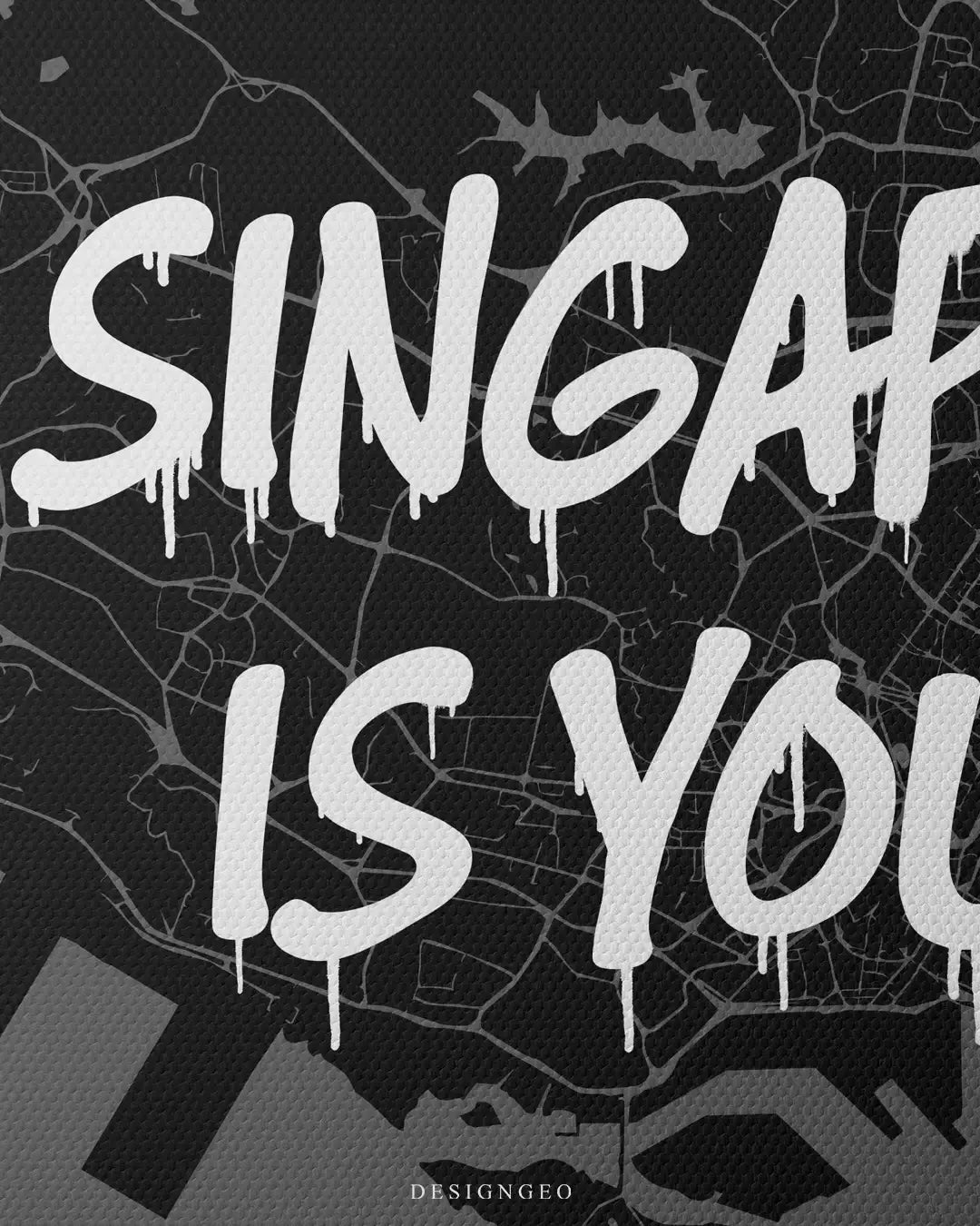 Close-up macro view of the premium woven canvas texture, showcasing the white dripping graffiti typography text over a detailed dark gray Singapore street map grid