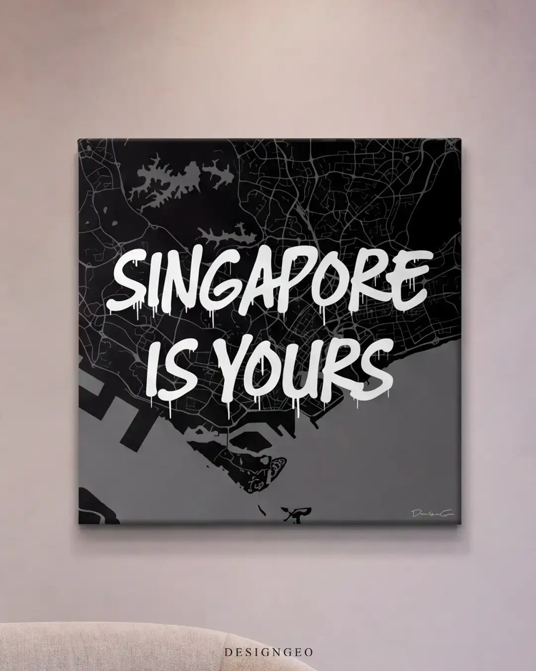 Contemporary office interior featuring the square black and white Singapore map graffiti canvas print mounted on a neutral wall, creating a sophisticated urban focal point