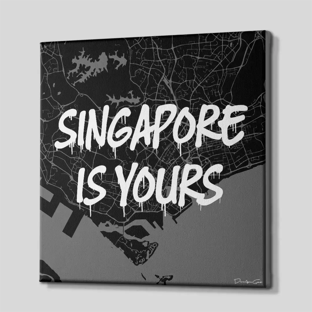 Side perspective of the modern Singapore street map graffiti canvas print, demonstrating the precise gallery wrap edges and three-dimensional wooden frame profile for luxury interiors