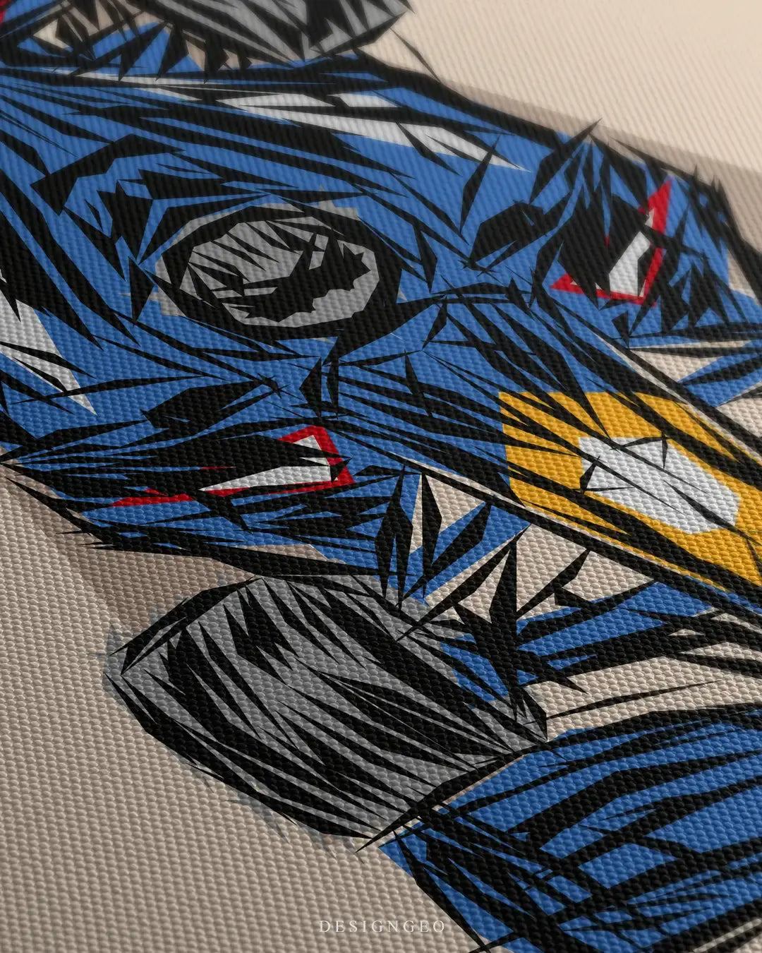 Detailed close-up of a canvas wall art featuring a single-seater race car in a geometric line art style, showing the intricate black strokes and woven canvas texture