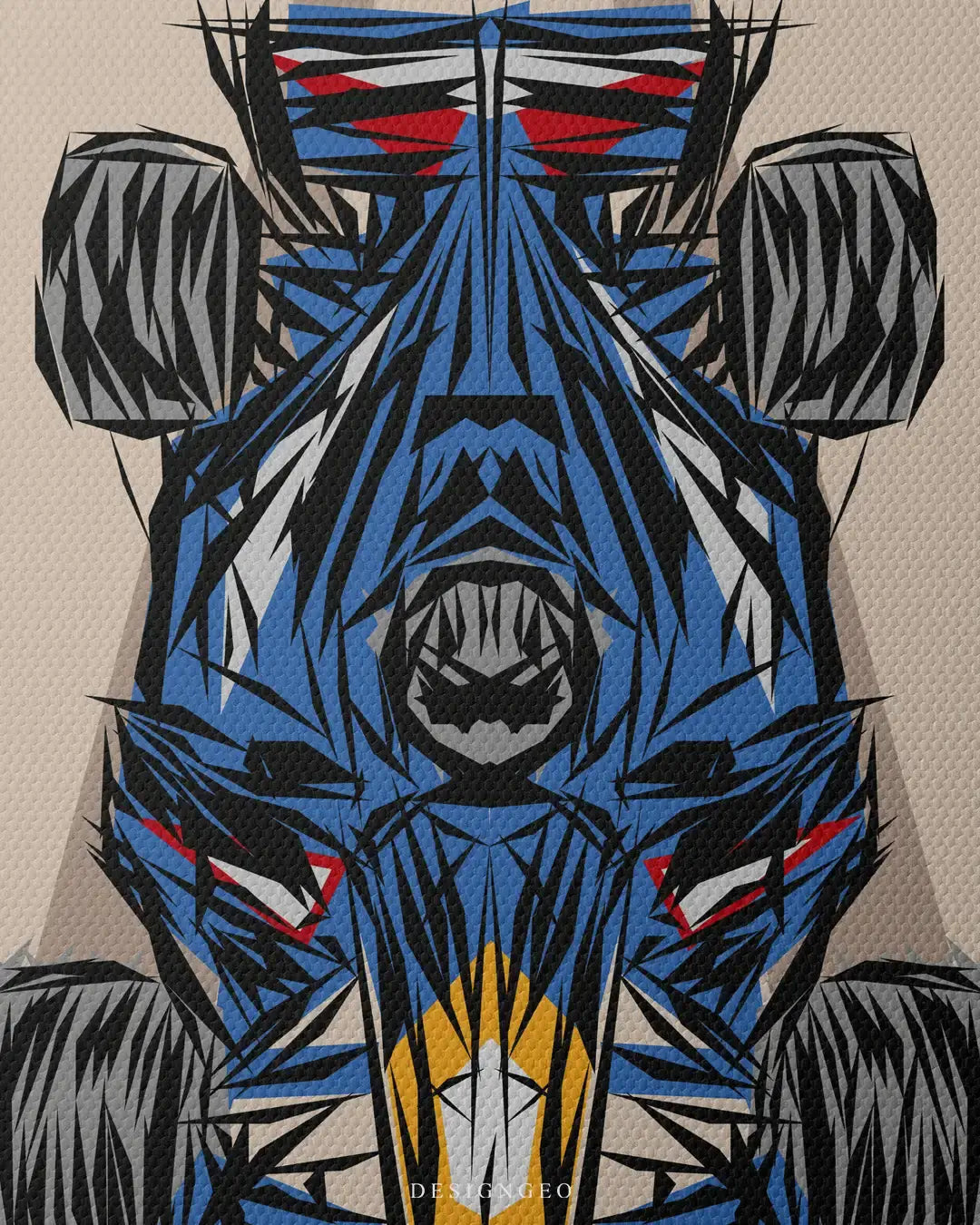 Close-up frontal view of an abstract formula race car illustration on canvas, highlighting the symmetrical blue, yellow, and red geometric shapes on a beige background