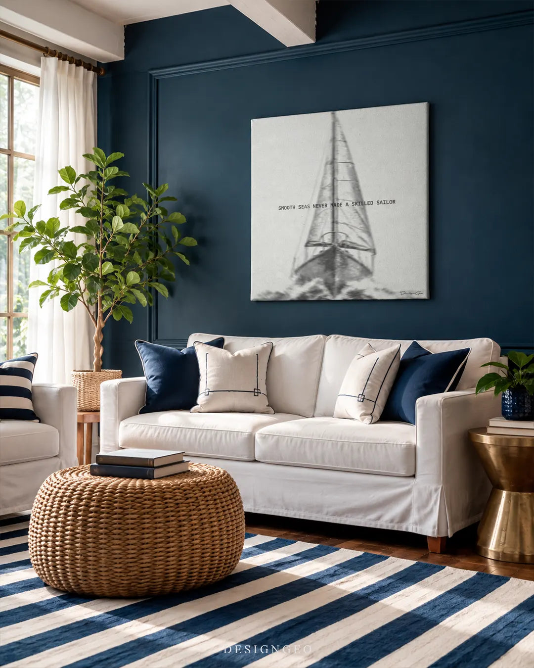 Black and white sailboat sketch with quote Smooth seas never made a skilled sailor square canvas wall art displayed on a navy blue wall in a coastal living room above a white sofa 0.75 inch thin wrap