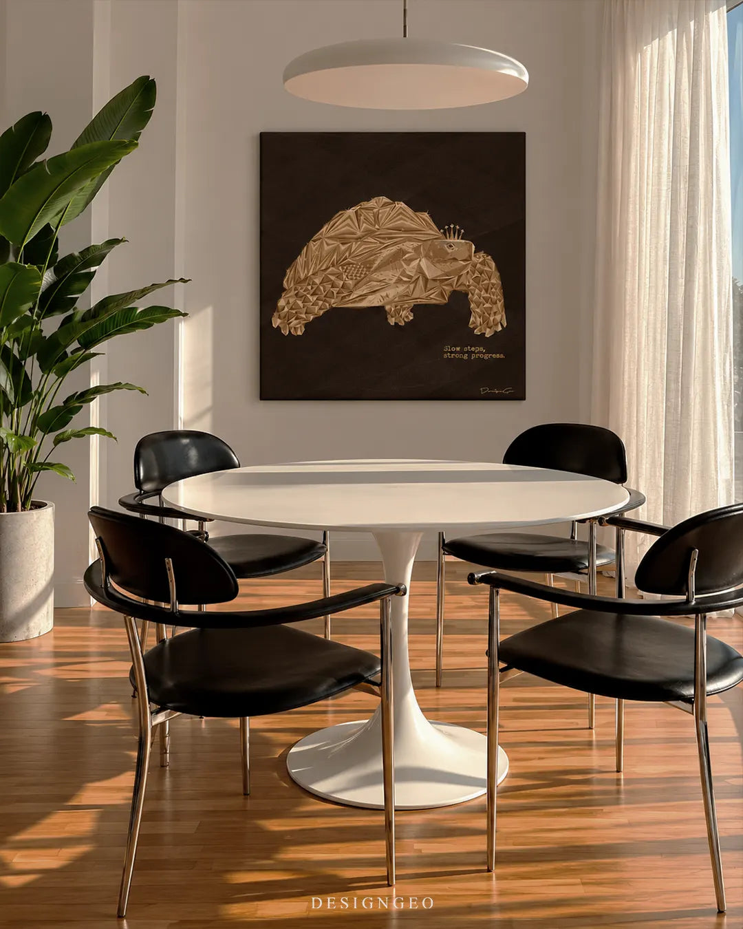 Slow Steps golden geometric tortoise typography square canvas wall art mounted on wall in luxury dining room above white tulip table 0.75 inch thin wrap