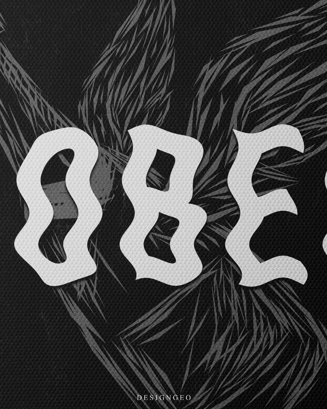 Macro view showing the fine woven canvas texture beneath the bold white wavy text and the grey crosshatch sketch lines of the winged bottle