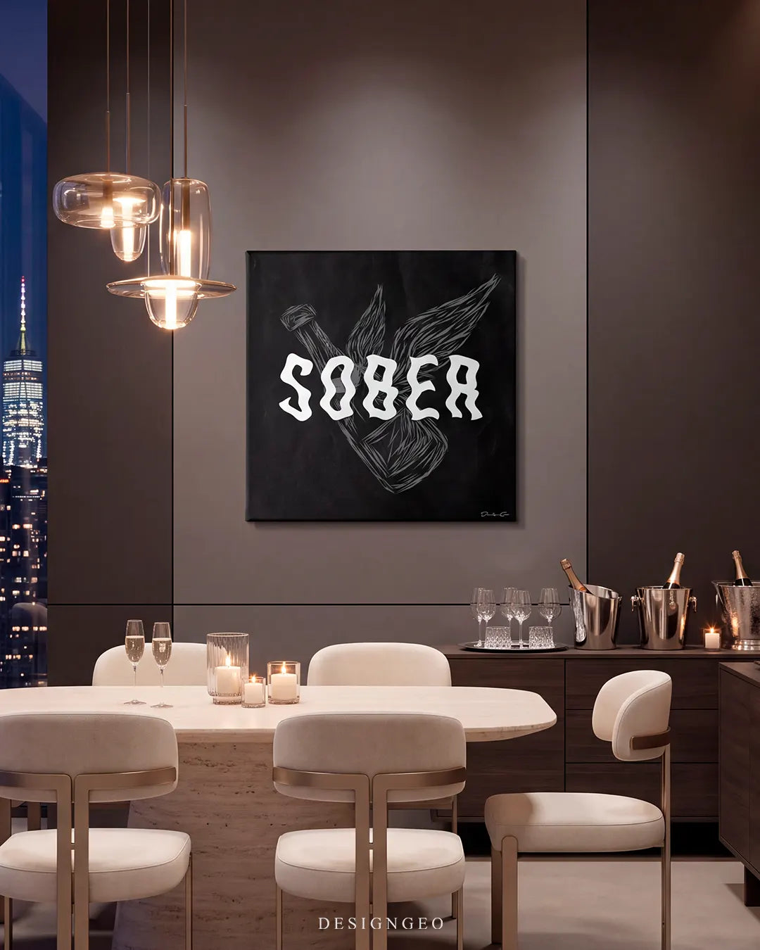 Modern luxury dining room with city skyline views, featuring the square "SOBER" black and white canvas print displayed above a chic dining table setup