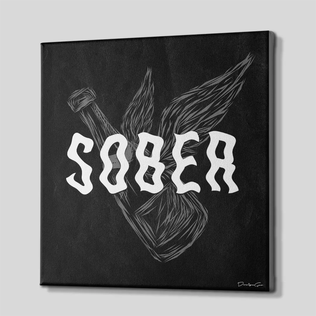 Three-quarter side view of the square "SOBER" canvas print, showing seamless gallery-wrapped black edges mounted on a solid wooden frame