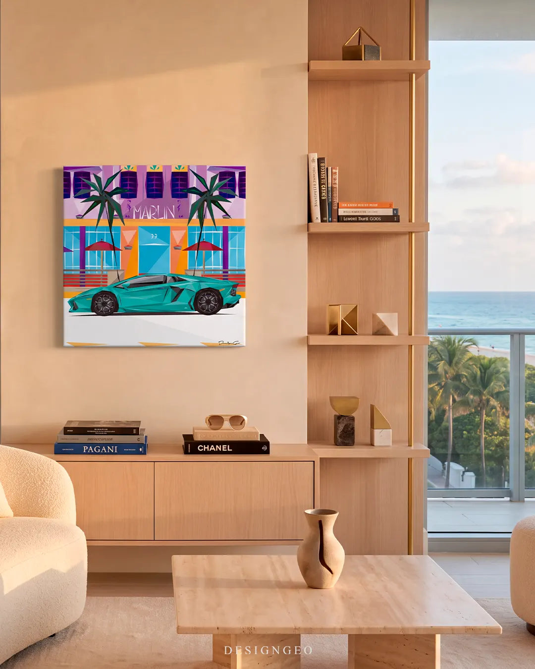 Front view of a square canvas print featuring a teal supercar parked in front of Art Deco hotel on Ocean Drive Miami Beach with palm trees and vibrant pastel colors