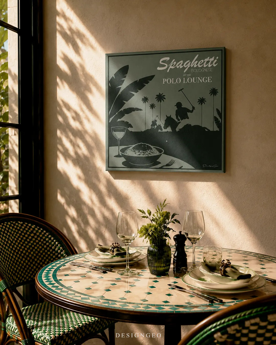 Square Spaghetti at The Polo Lounge canvas print mounted on a textured beige wall above a mosaic dining table set with wine glasses and green bistro chairs