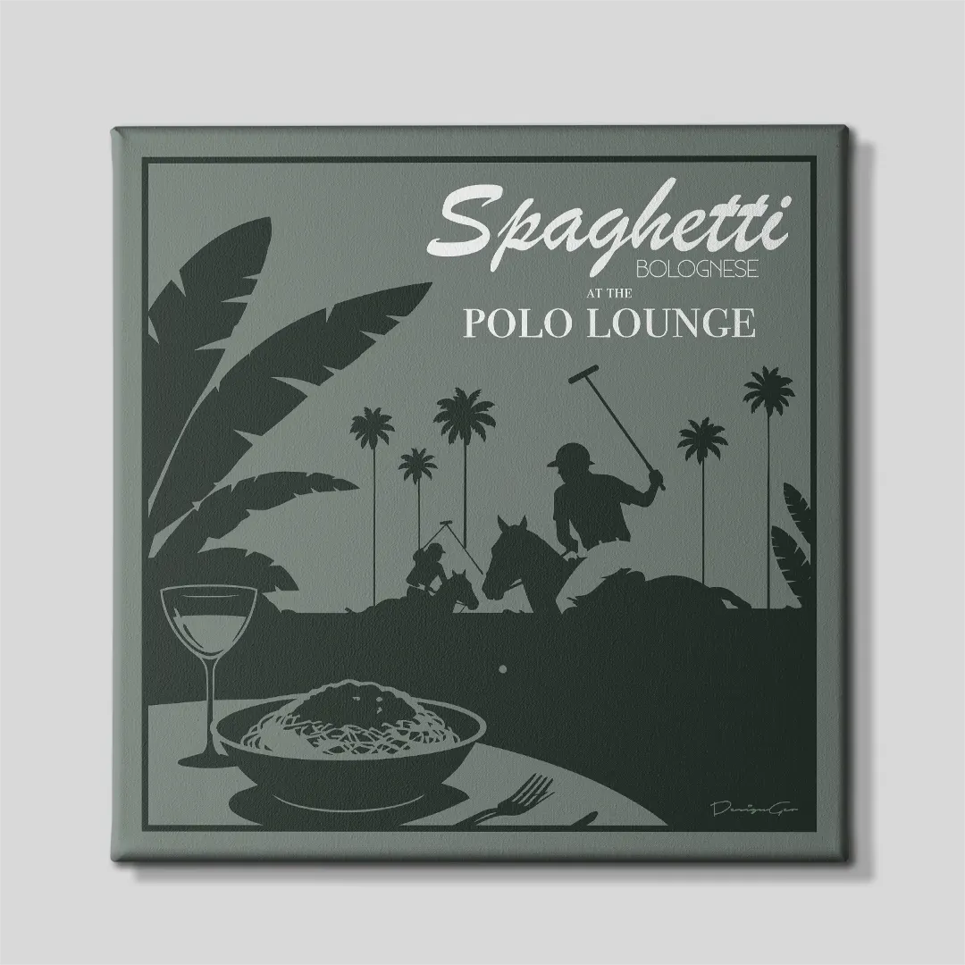 Front view of a square canvas print featuring the phrase Spaghetti Bolognese at the Polo Lounge with silhouettes of polo players on horseback, palm trees, and a plate of pasta with wine in dark green against a sage green background