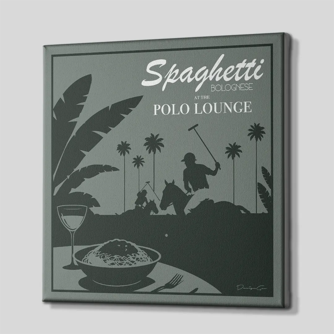 Three-quarter side profile of the square Spaghetti Bolognese Polo Lounge canvas wall art, showing clean sage green gallery-wrapped edges neatly stretched around a wooden frame