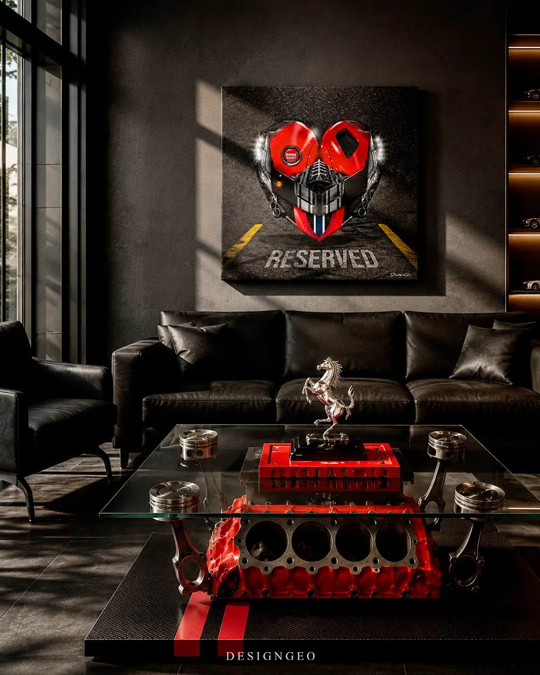 Square exotic car heart canvas print mounted on a dark concrete wall above a black leather sofa and a V8 engine block glass coffee table with a silver prancing horse statue.
