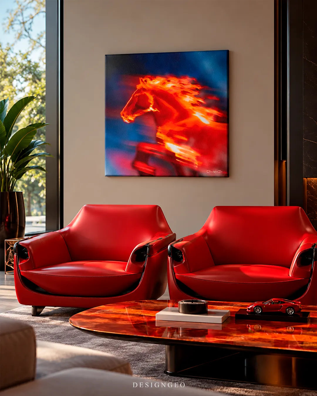 Speedhorse fiery running horse motion blur square canvas wall art mounted on beige wall in luxury living room above red leather armchairs 0.75 inch thin wrap