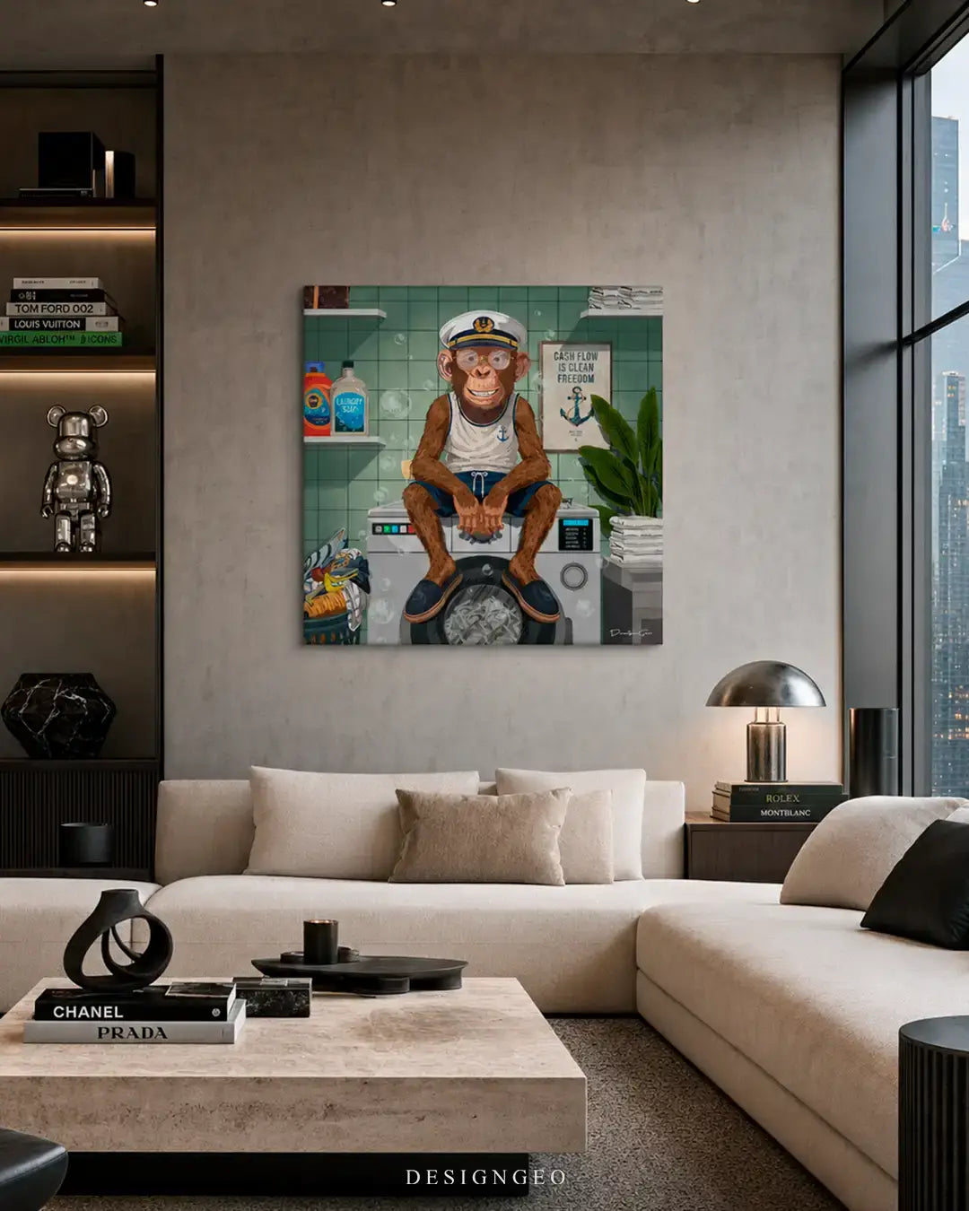 Sophisticated modern living room interior showcasing the square captain monkey canvas print mounted on a concrete-textured wall above a large luxury cream sectional sofa