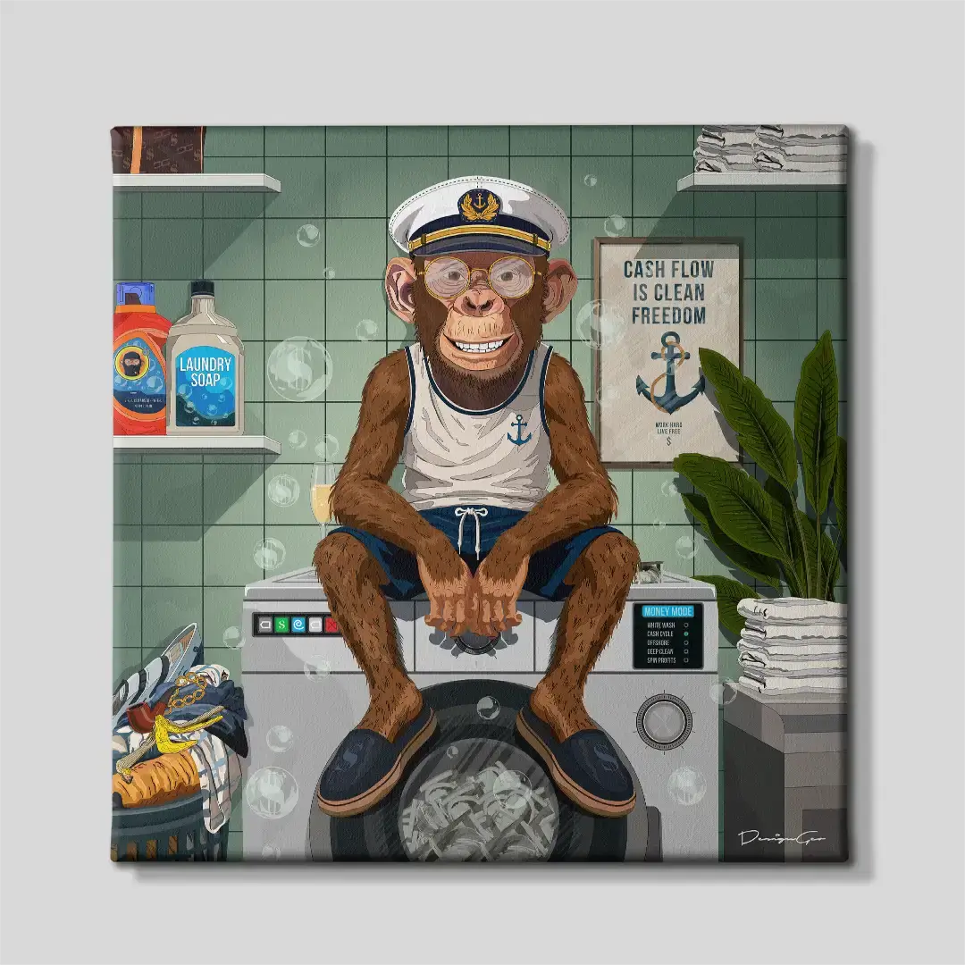 Front view of the "Captain Monkey" square canvas wall art featuring a chimp in a captain hat sitting on a washing machine filled with cash, perfect for modern laundry room decor