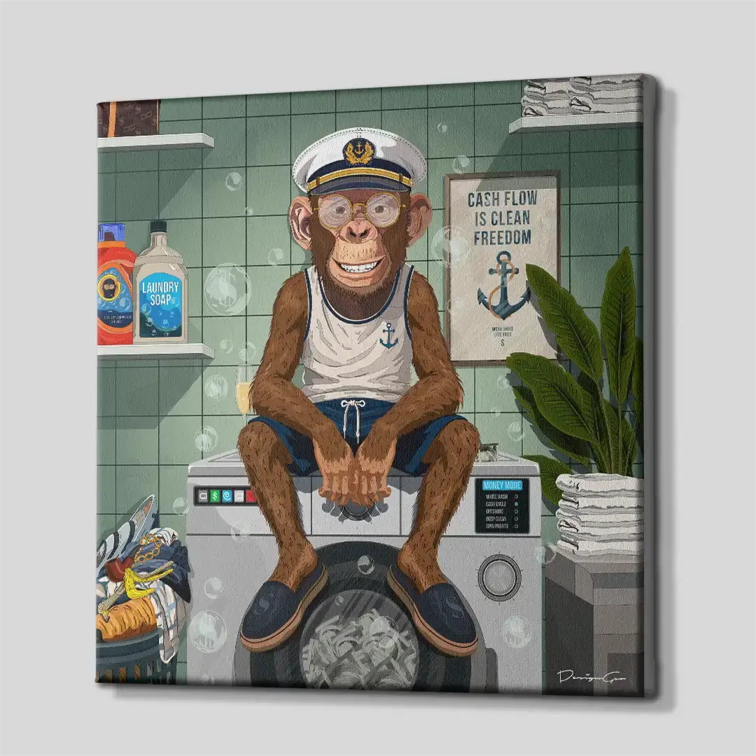 Side perspective of the humorous captain monkey sports-pop canvas print, showing the premium gallery wrap edges and solid three-dimensional wooden frame profile for high-end interiors