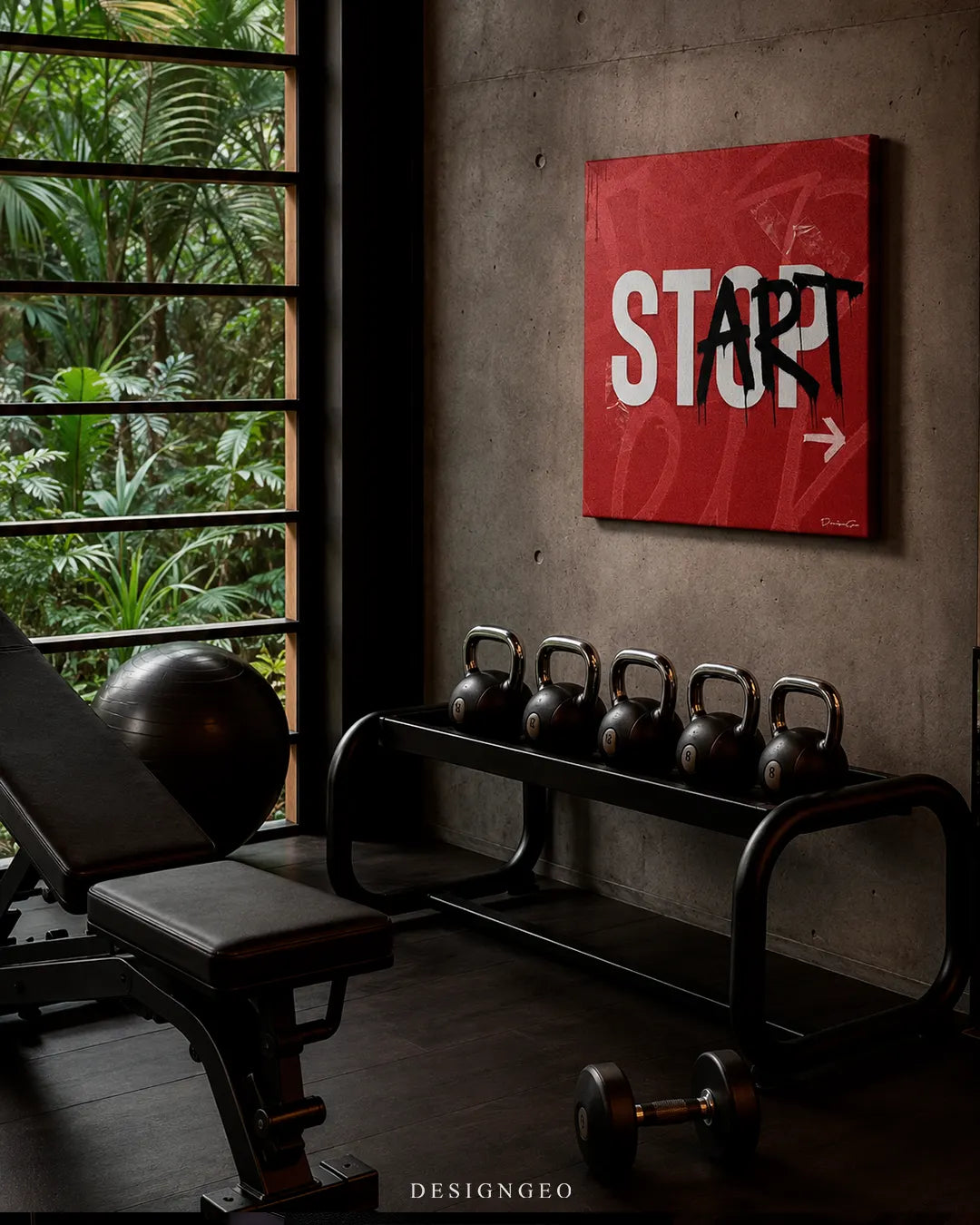 Square red stop start motivational street art canvas wall art mounted on a concrete wall in a modern home gym above kettlebells, a weight bench, and large window views