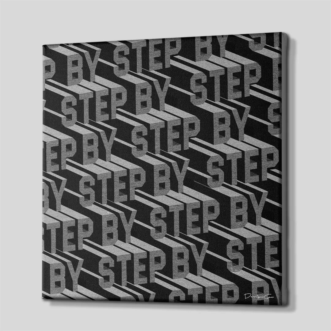 Three-quarter side angle of the Step By Step 3D typography canvas wall art showing gallery-wrapped black edges mounted on a wooden frame