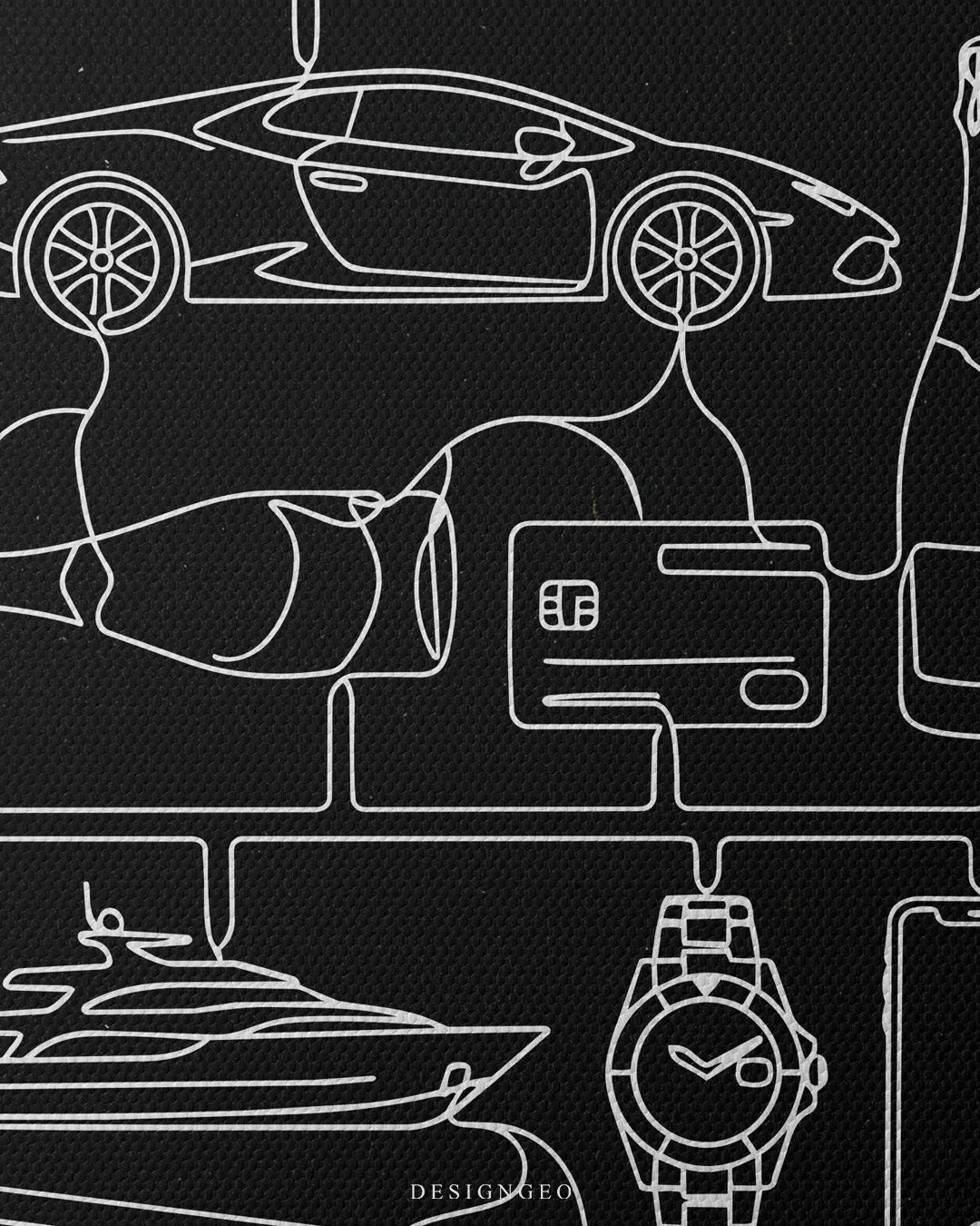 Close-up macro detail shot highlighting the white line art vector graphic of a sports car, credit card, yacht, and luxury watch on fine black canvas texture