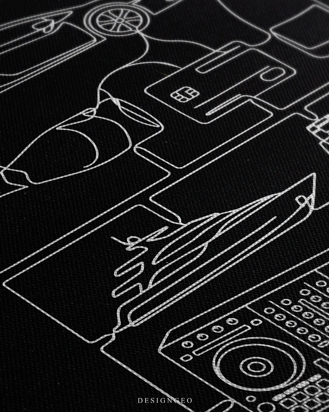 Angled macro close-up view displaying the crisp white printed lines of a DJ controller, caviar tin, and Bitcoin icon on a dark canvas background