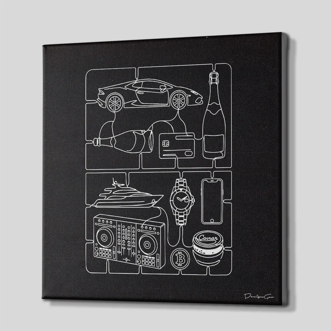 Three-quarter side angle of the black minimalist plastic sprue luxury kit canvas wall art showing gallery-wrapped edges mounted on a wooden frame