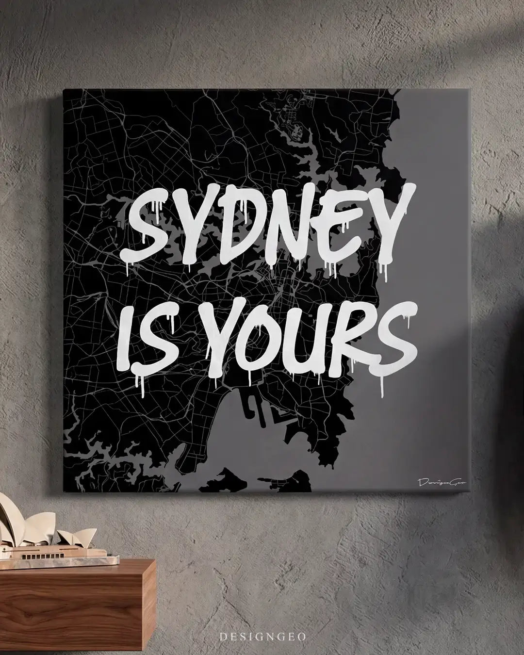 Modern interior displaying the Sydney map square canvas wall art above a table, adding a sophisticated, luxury metropolitan touch to executive offices or upscale livings