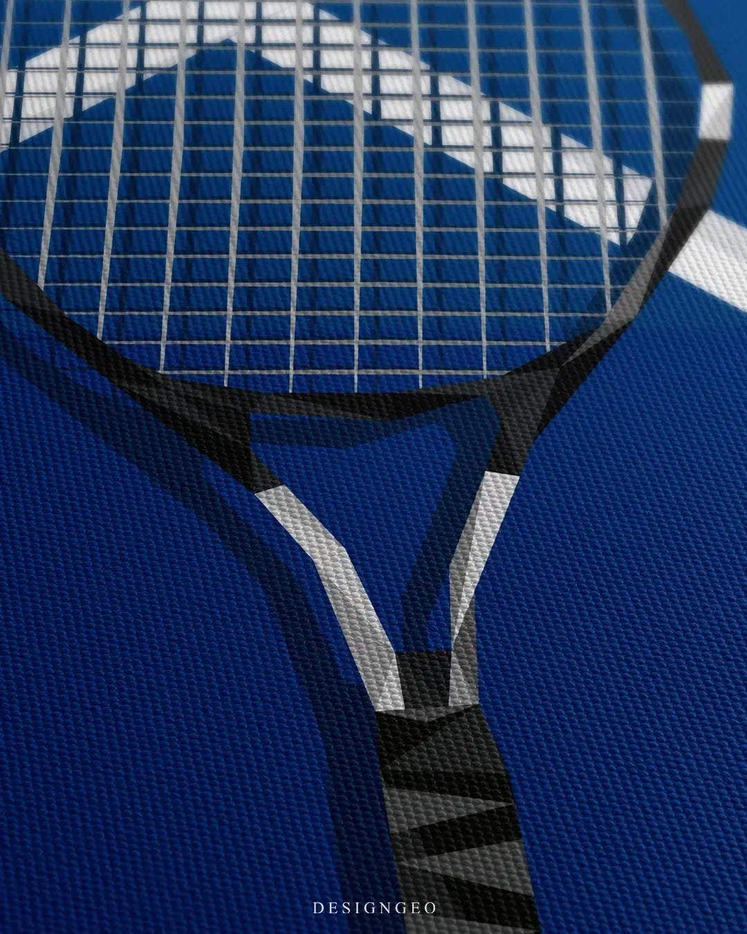 Detailed view of the geometric tennis racket canvas art, showcasing the high-contrast string pattern grid, premium canvas textures, and rich blue color gradients