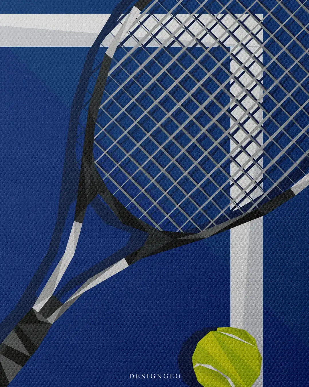 Close-up of minimalist tennis wall art featuring a detailed racket silhouette, a vibrant yellow tennis ball, and clean white court lines on a textured blue canvas background