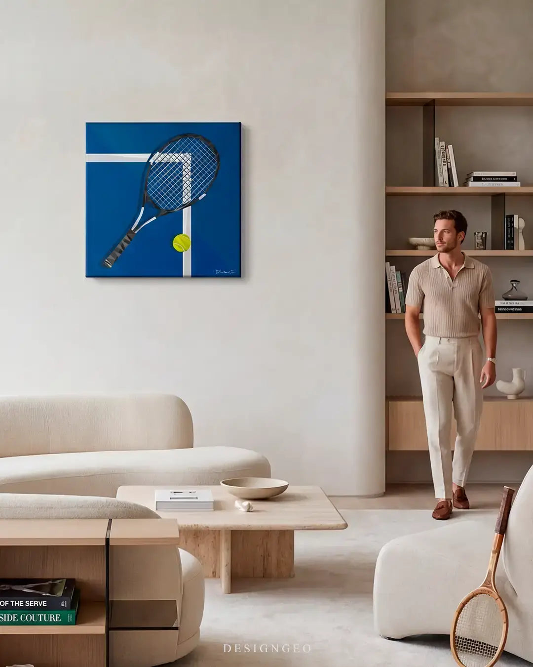 Minimalist blue tennis court square canvas wall art displayed in a luxury modern living room interior, adding an elegant athletic statement to sophisticated home decor