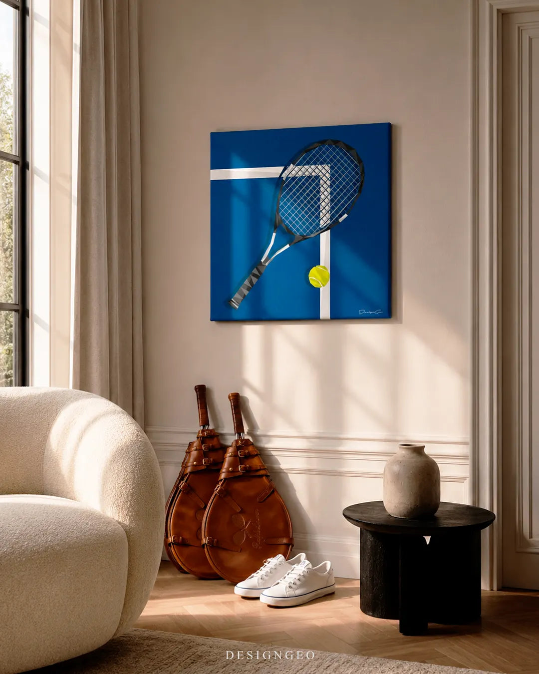Square blue tennis court canvas print mounted on a beige wall above vintage leather racket covers, white tennis sneakers, and a cream bouclé armchair
