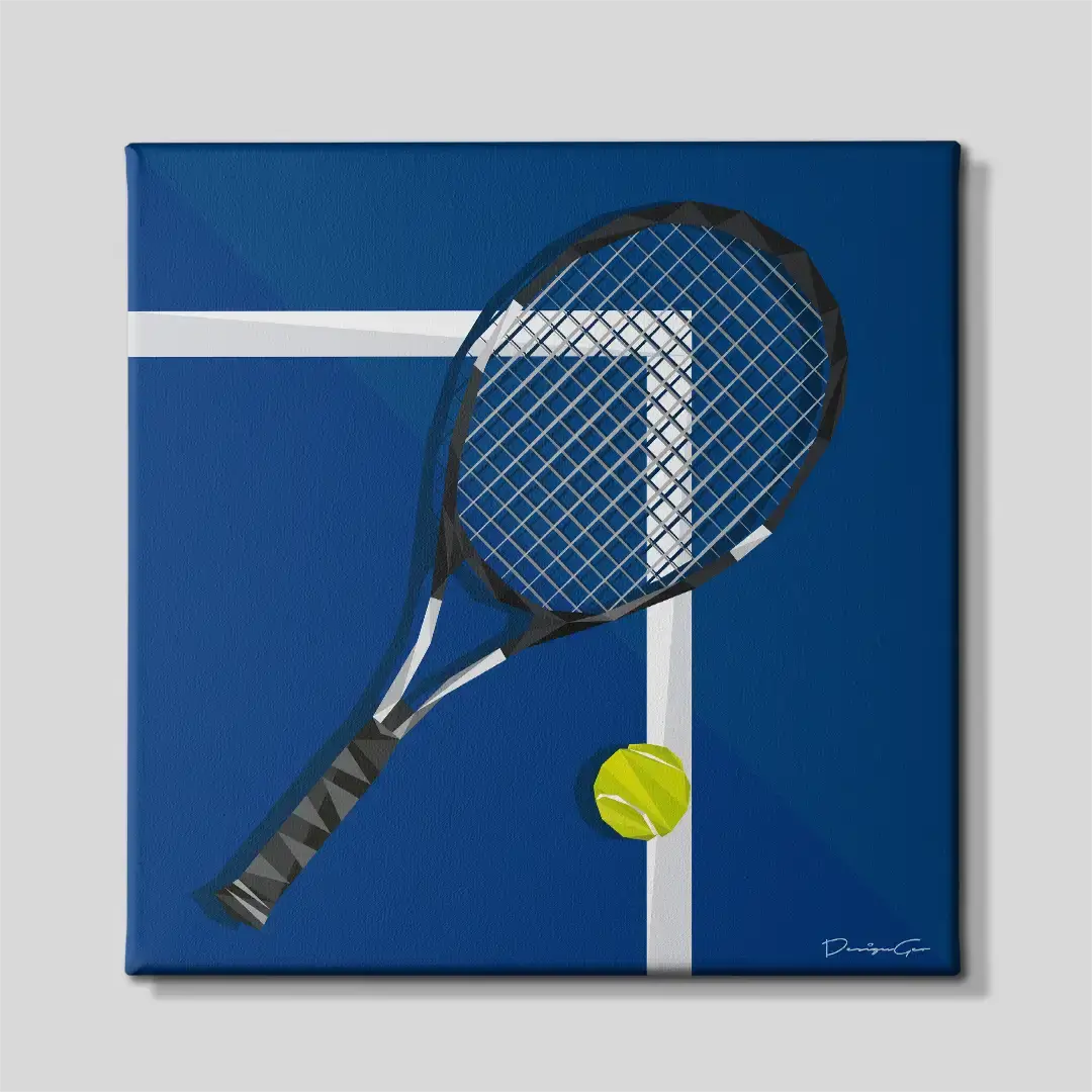 Frontal view of the minimalist tennis racket and ball square canvas print on a vibrant blue court background, a premium contemporary artwork for sports luxury decor