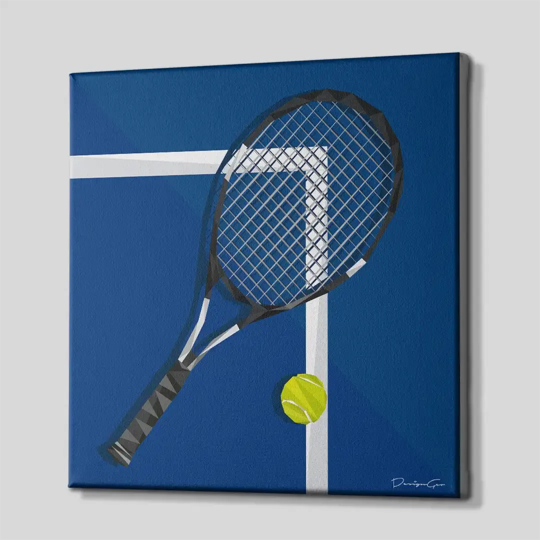 Side perspective of a modern blue tennis court canvas print, highlighting the premium gallery wrap finish and robust 3D frame depth for luxury home decor