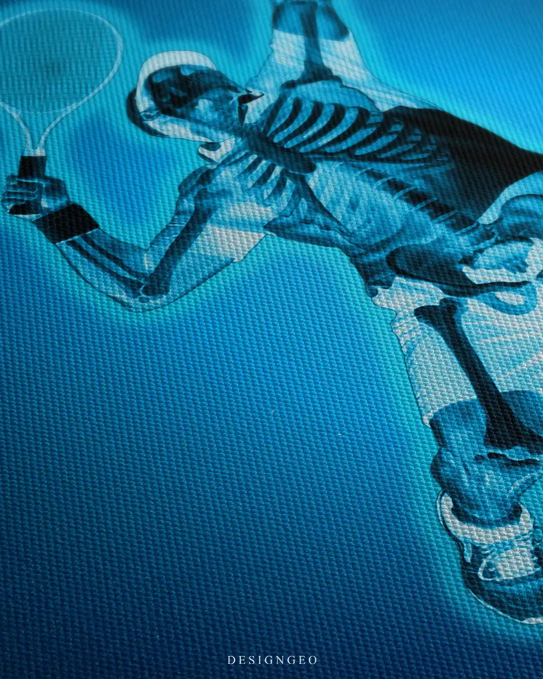 Close-up of modern sports wall art featuring an X-ray anatomy design of a tennis player during a serve, showing the skeletal movement against a bright cyan medical background