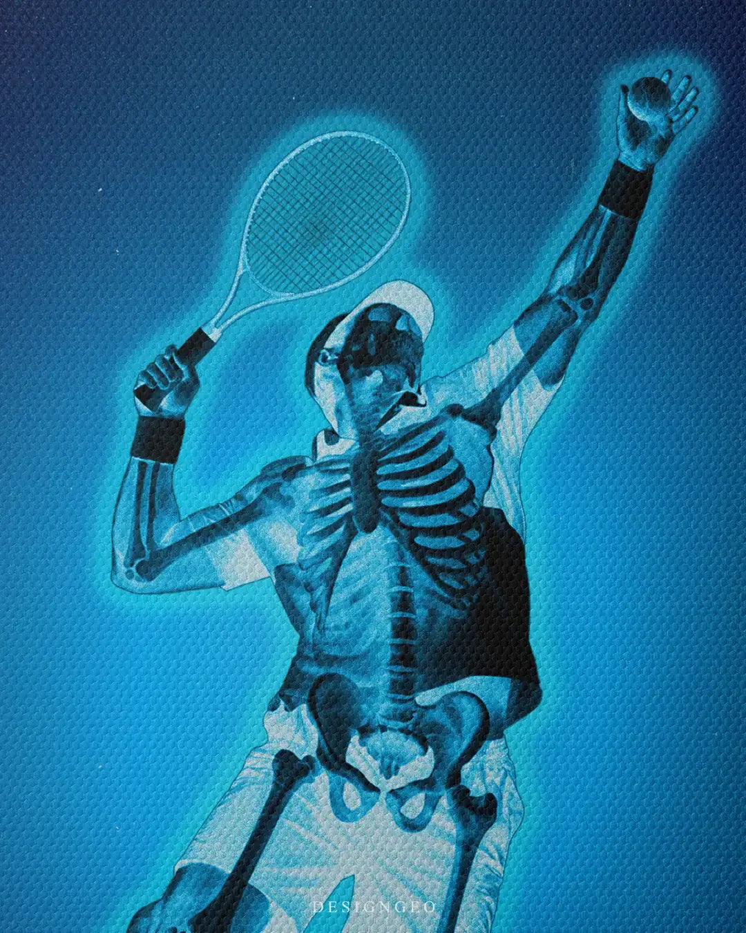 Detailed view of the "Tennis Anatomy" art, showcasing the glowing skeletal silhouette and the sophisticated X-ray aesthetic of the contemporary sports canvas